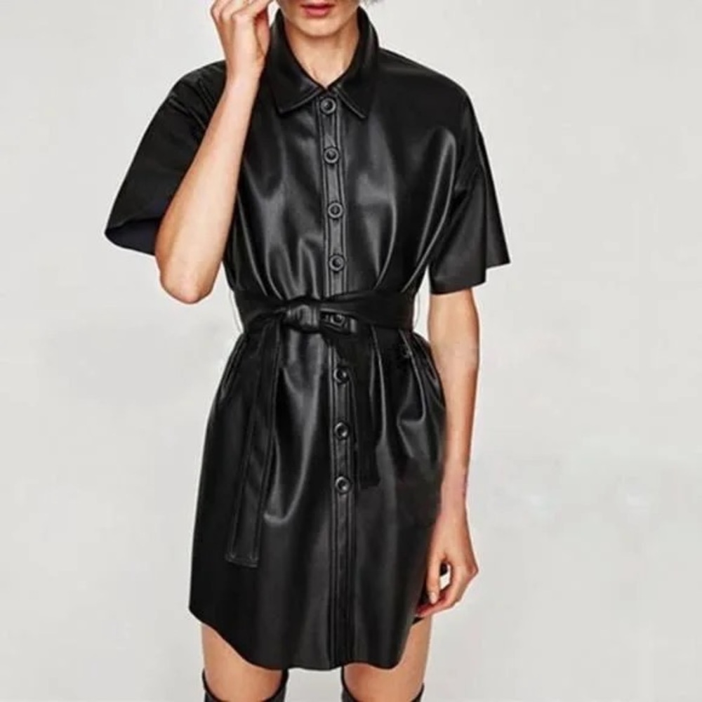 Zara Black Leather T-shirt dress with tie waist